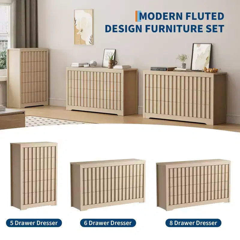 Fluted Dresser for Bedroom with 8 Drawers,Modern Chest of Drawers with Handleless,Wooden Dresser, Wood Clothes Closet Organizer with Deep Storage