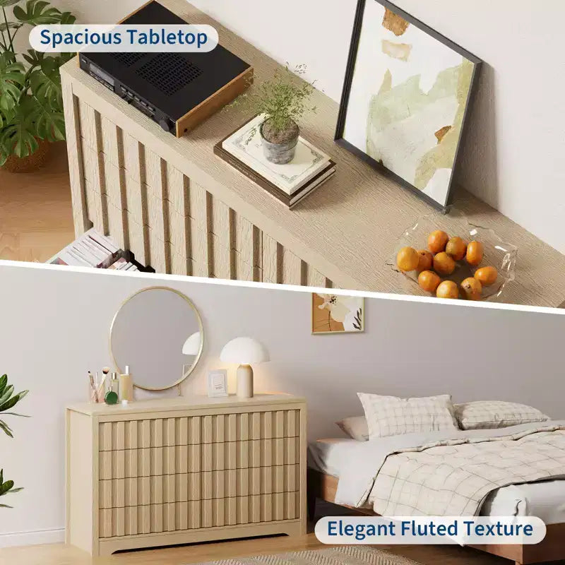Fluted Dresser for Bedroom with 8 Drawers,Modern Chest of Drawers with Handleless,Wooden Dresser, Wood Clothes Closet Organizer with Deep Storage