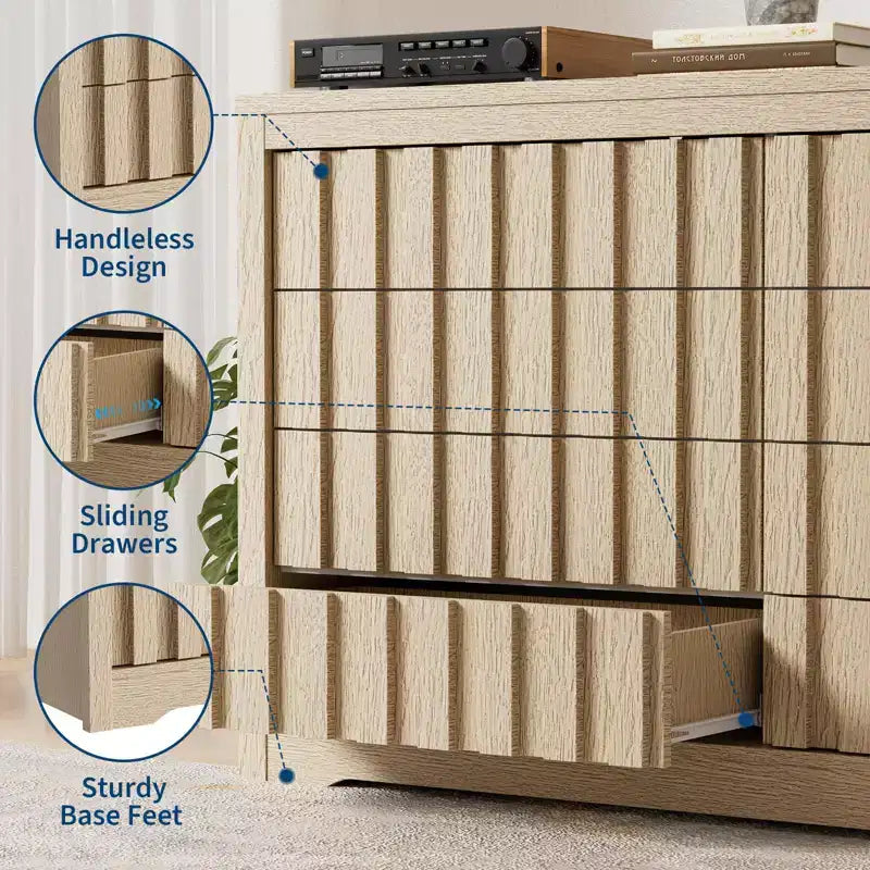Fluted Dresser for Bedroom with 8 Drawers,Modern Chest of Drawers with Handleless,Wooden Dresser, Wood Clothes Closet Organizer with Deep Storage