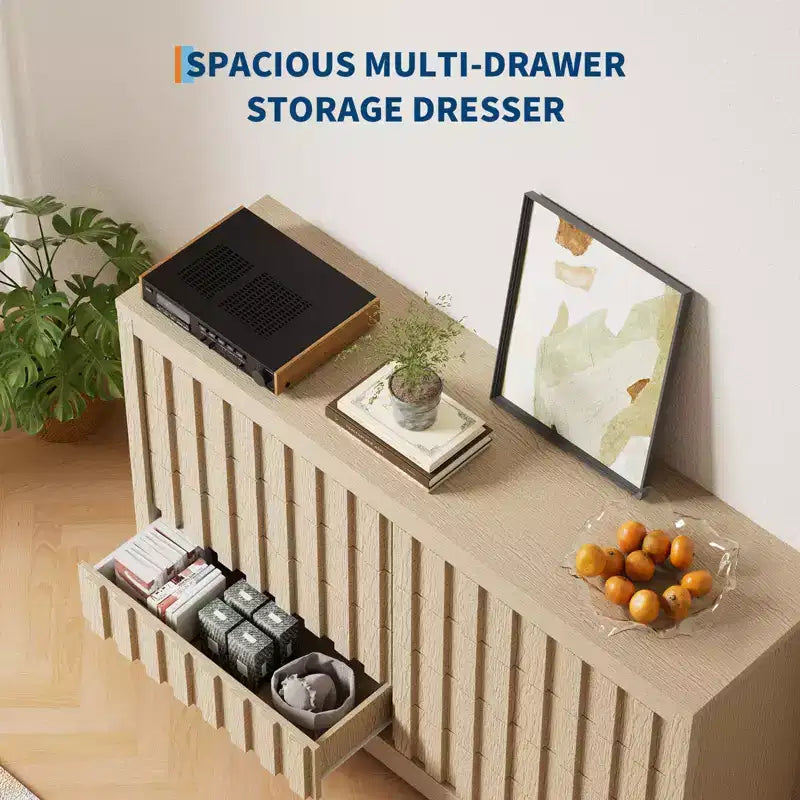 Fluted Dresser for Bedroom with 8 Drawers,Modern Chest of Drawers with Handleless,Wooden Dresser, Wood Clothes Closet Organizer with Deep Storage