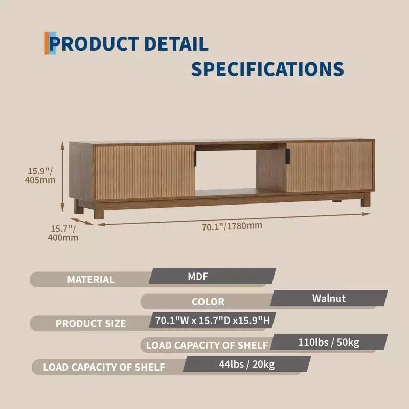 Modern Fluted TV Stand for TVs up to 80, 70 Long Entertainment Center with Storage, Wooden TV Console Table Media Cabinet for Living Room Bedroom