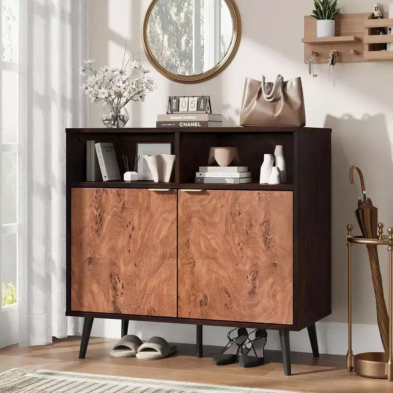 Rustic Wood Sideboard Cabinet, Walnut Buffet with 2 Open Shelves, Farmhouse Burl Texture Storage for Coffee Bar, Dining Room, Living Space
