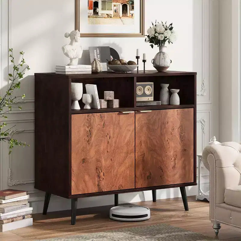 Rustic Wood Sideboard Cabinet, Walnut Buffet with 2 Open Shelves, Farmhouse Burl Texture Storage for Coffee Bar, Dining Room, Living Space