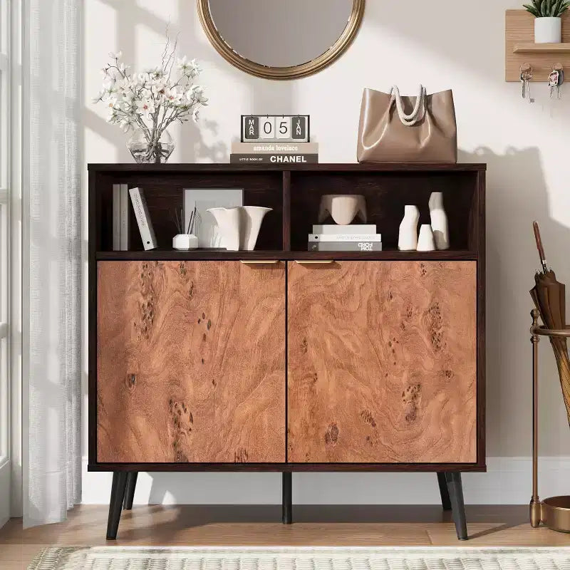 Rustic Wood Sideboard Cabinet, Walnut Buffet with 2 Open Shelves, Farmhouse Burl Texture Storage for Coffee Bar, Dining Room, Living Space