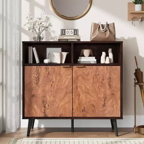 Rustic Wood Sideboard Cabinet, Walnut Buffet with 2 Open Shelves, Farmhouse Burl Texture Storage for Coffee Bar, Dining Room, Living Space