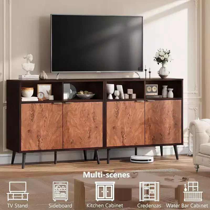 Rustic Wood Sideboard Cabinet, Walnut Buffet with 2 Open Shelves, Farmhouse Burl Texture Storage for Coffee Bar, Dining Room, Living Space