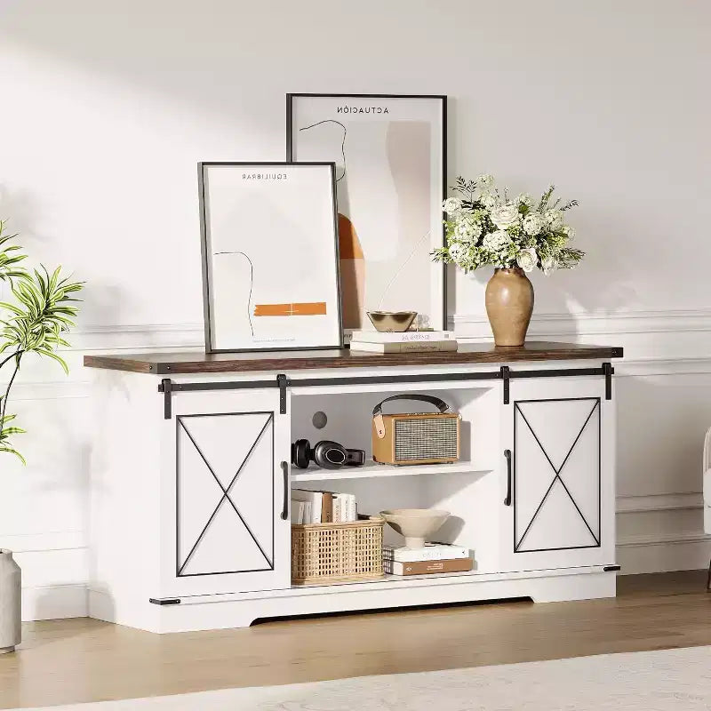 Farmhouse TV Stand and Entertainment Center for TV Up to 65 Inches with Sliding Barn Doors, with Storage Cabinet for Living Room, Bedroom