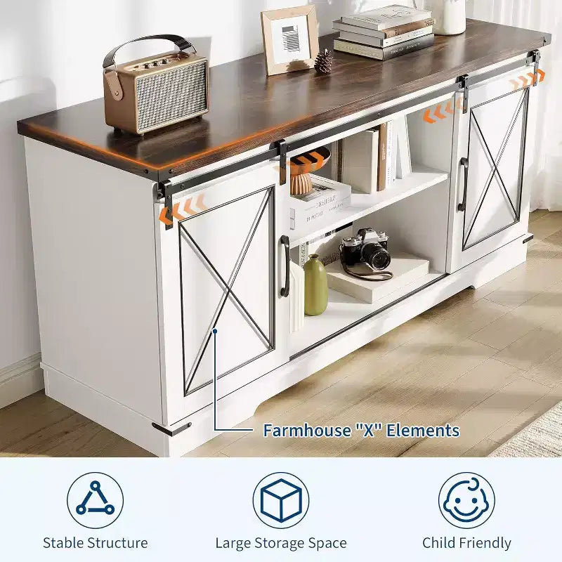 Farmhouse TV Stand and Entertainment Center for TV Up to 65 Inches with Sliding Barn Doors, with Storage Cabinet for Living Room, Bedroom