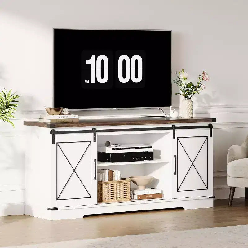 Farmhouse TV Stand and Entertainment Center for TV Up to 65 Inches with Sliding Barn Doors, with Storage Cabinet for Living Room, Bedroom