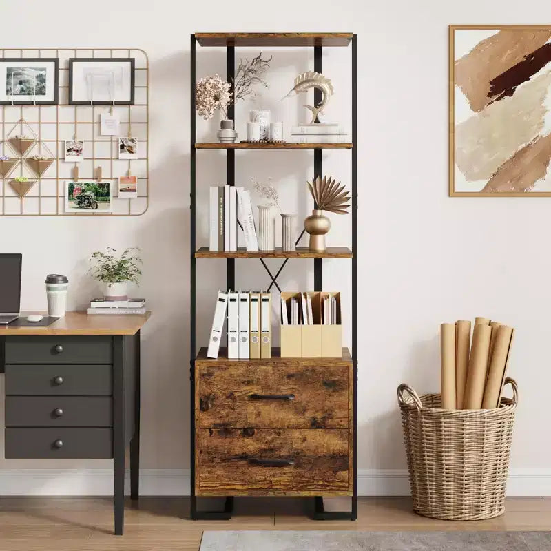ndustrial Bookshelf with Storage Drawers - 4 Tier Vintage Metal Frame Bookcase, 70.9 Tall Open Shelves, Multi-Use Display Unit
