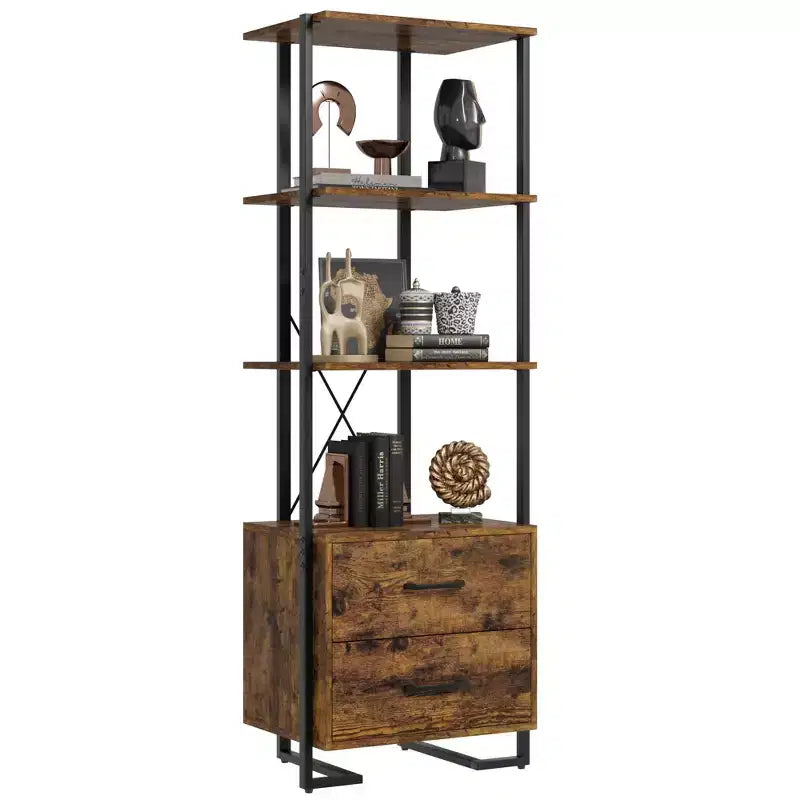 ndustrial Bookshelf with Storage Drawers - 4 Tier Vintage Metal Frame Bookcase, 70.9 Tall Open Shelves, Multi-Use Display Unit