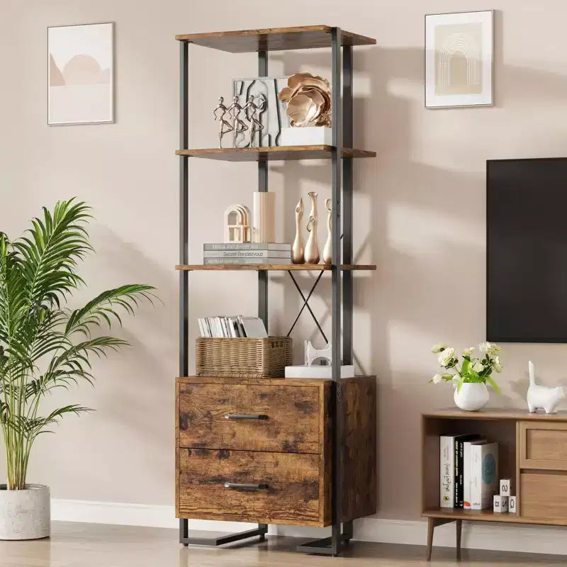 ndustrial Bookshelf with Storage Drawers - 4 Tier Vintage Metal Frame Bookcase, 70.9 Tall Open Shelves, Multi-Use Display Unit