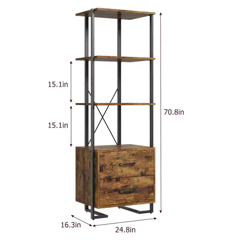 ndustrial Bookshelf with Storage Drawers - 4 Tier Vintage Metal Frame Bookcase, 70.9 Tall Open Shelves, Multi-Use Display Unit