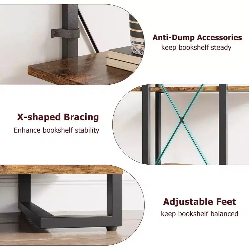 ndustrial Bookshelf with Storage Drawers - 4 Tier Vintage Metal Frame Bookcase, 70.9 Tall Open Shelves, Multi-Use Display Unit