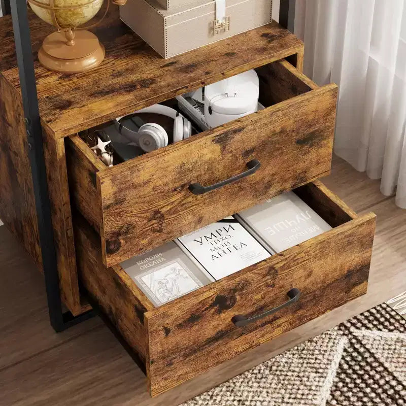 ndustrial Bookshelf with Storage Drawers - 4 Tier Vintage Metal Frame Bookcase, 70.9 Tall Open Shelves, Multi-Use Display Unit
