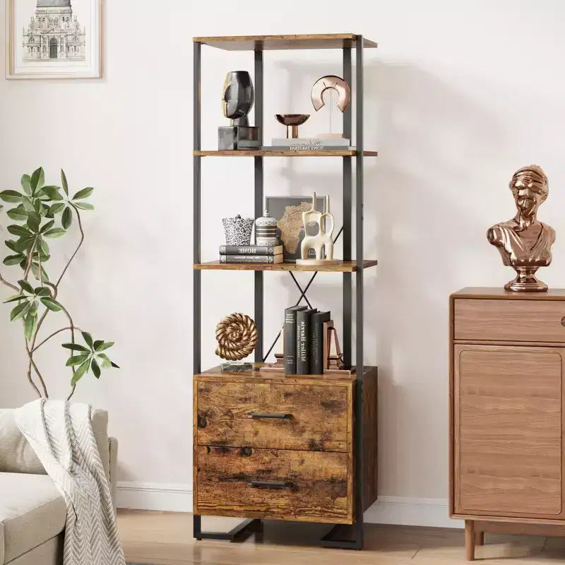 ndustrial Bookshelf with Storage Drawers - 4 Tier Vintage Metal Frame Bookcase, 70.9 Tall Open Shelves, Multi-Use Display Unit