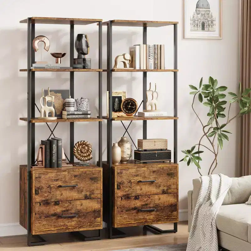ndustrial Bookshelf with Storage Drawers - 4 Tier Vintage Metal Frame Bookcase, 70.9 Tall Open Shelves, Multi-Use Display Unit