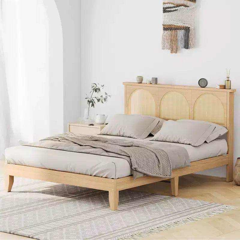 TROPOW Boho Rattan Bed Frame, Wooden Bed Platform with Storage, Smart RGB LED Natural Rattan Headboard, No Box Spring Needed, Under Bed Storage