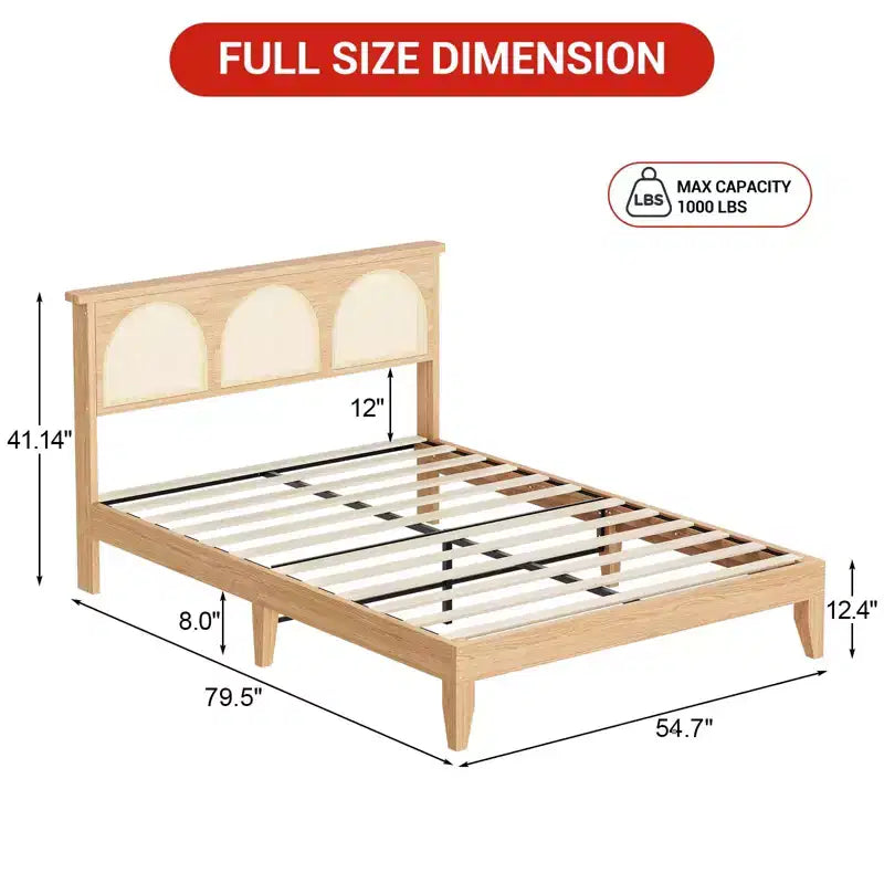 TROPOW Boho Rattan Bed Frame, Wooden Bed Platform with Storage, Smart RGB LED Natural Rattan Headboard, No Box Spring Needed, Under Bed Storage