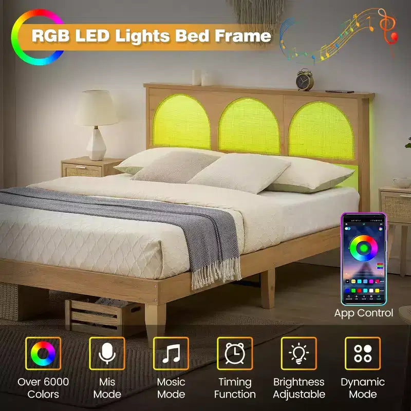 TROPOW Boho Rattan Bed Frame, Wooden Bed Platform with Storage, Smart RGB LED Natural Rattan Headboard, No Box Spring Needed, Under Bed Storage