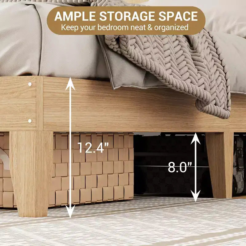 TROPOW Boho Rattan Bed Frame, Wooden Bed Platform with Storage, Smart RGB LED Natural Rattan Headboard, No Box Spring Needed, Under Bed Storage