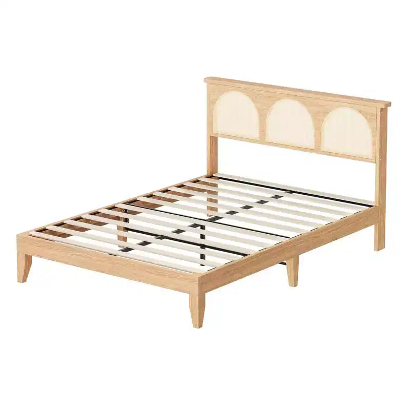 TROPOW Boho Rattan Bed Frame, Wooden Bed Platform with Storage, Smart RGB LED Natural Rattan Headboard, No Box Spring Needed, Under Bed Storage