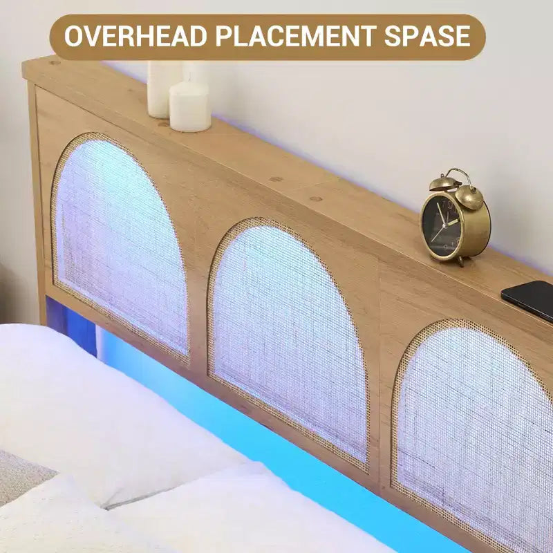 TROPOW Boho Rattan Bed Frame, Wooden Bed Platform with Storage, Smart RGB LED Natural Rattan Headboard, No Box Spring Needed, Under Bed Storage