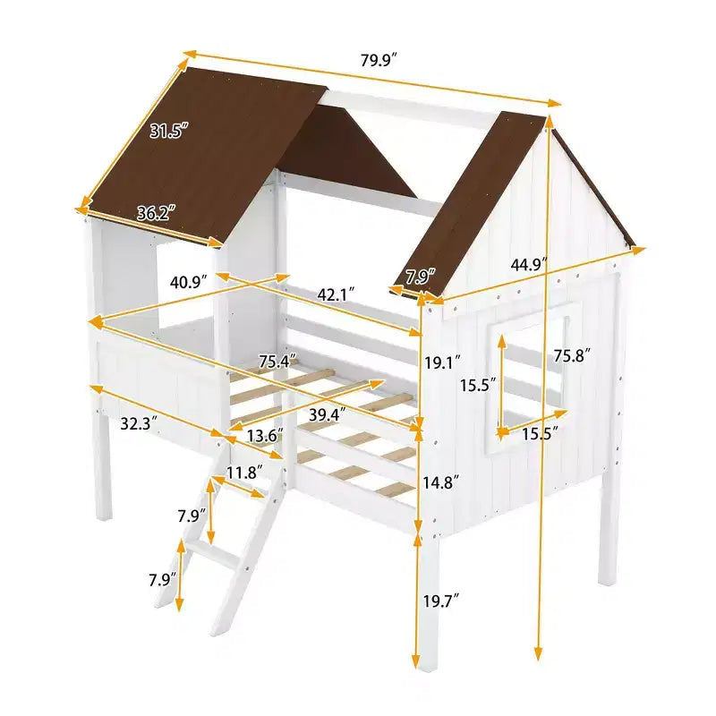 Okak Twin Size Solid Wood House-Shaped Loft Bed with Ladder & Two Side Windows,Modern Bed Frame for Kids Room,Bedroom