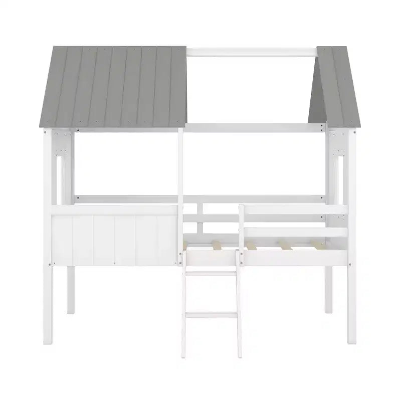 Okak Twin Size Solid Wood House-Shaped Loft Bed with Ladder & Two Side Windows,Modern Bed Frame for Kids Room,Bedroom
