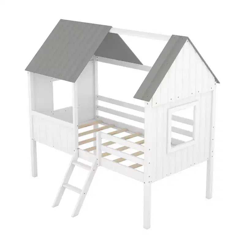 Okak Twin Size Solid Wood House-Shaped Loft Bed with Ladder & Two Side Windows,Modern Bed Frame for Kids Room,Bedroom