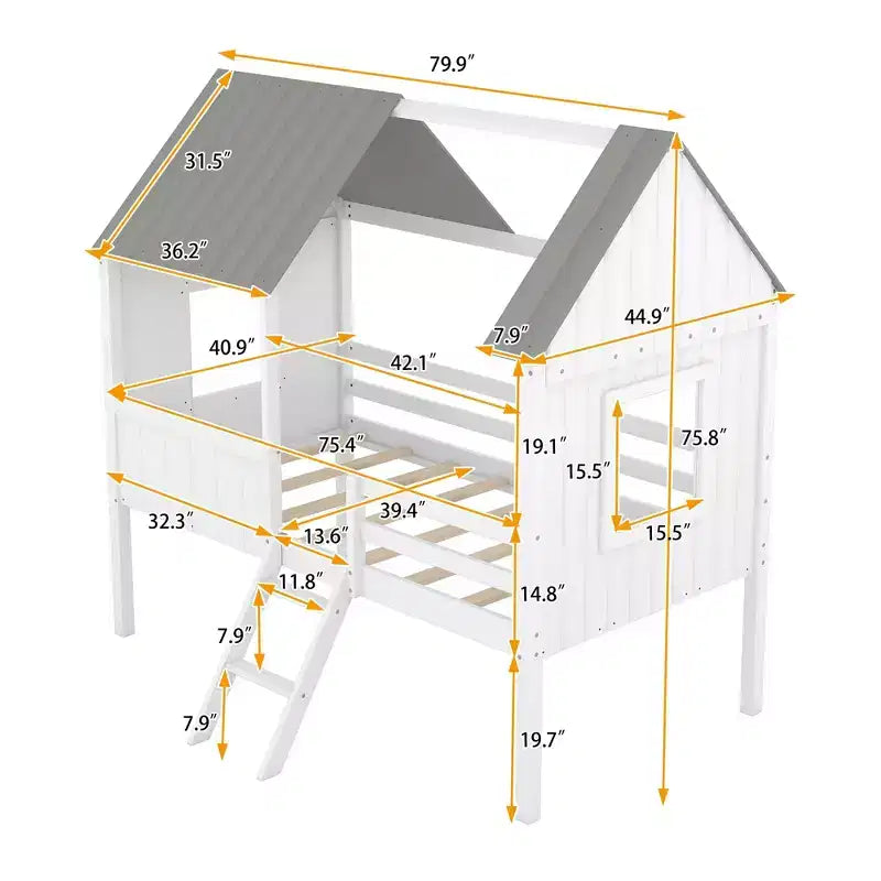 Okak Twin Size Solid Wood House-Shaped Loft Bed with Ladder & Two Side Windows,Modern Bed Frame for Kids Room,Bedroom