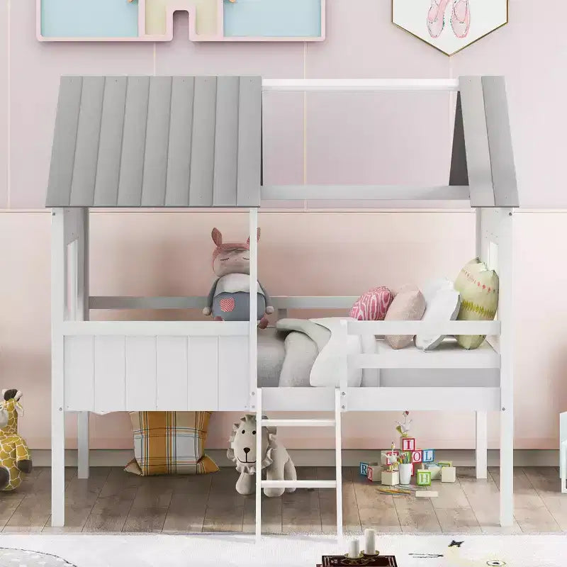 Okak Twin Size Solid Wood House-Shaped Loft Bed with Ladder & Two Side Windows,Modern Bed Frame for Kids Room,Bedroom