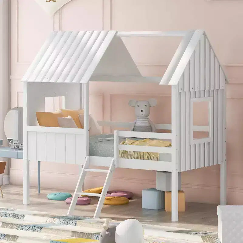 Okak Twin Size Solid Wood House-Shaped Loft Bed with Ladder & Two Side Windows,Modern Bed Frame for Kids Room,Bedroom