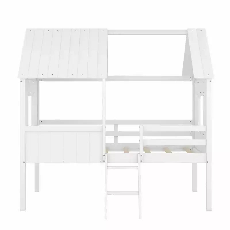 Okak Twin Size Solid Wood House-Shaped Loft Bed with Ladder & Two Side Windows,Modern Bed Frame for Kids Room,Bedroom