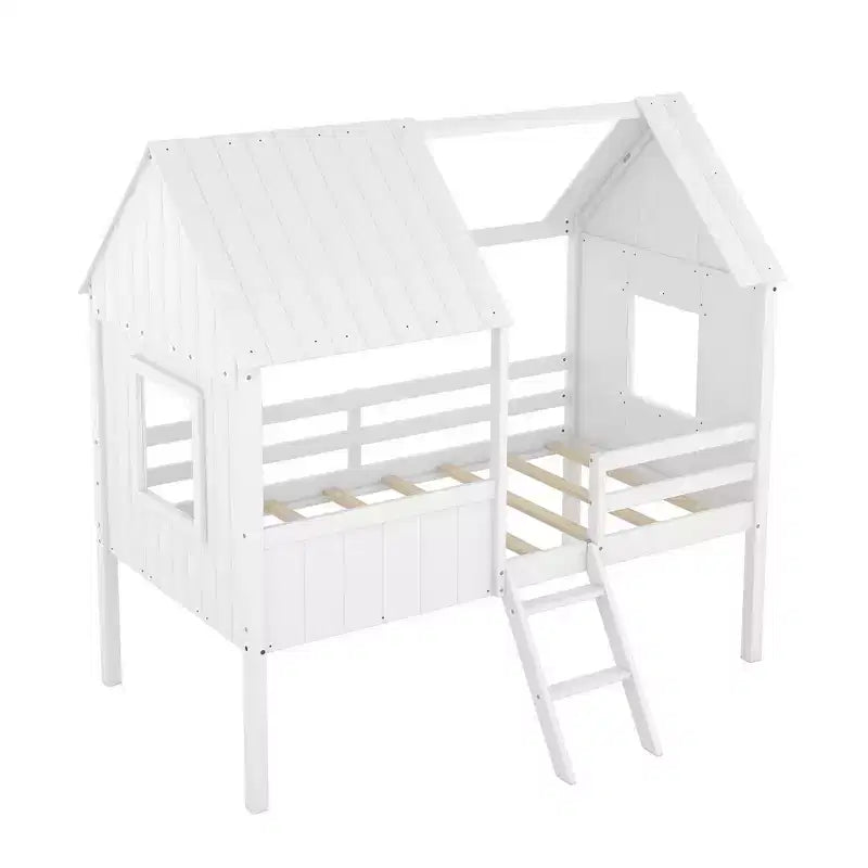 Okak Twin Size Solid Wood House-Shaped Loft Bed with Ladder & Two Side Windows,Modern Bed Frame for Kids Room,Bedroom