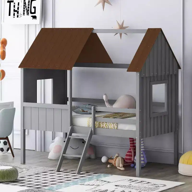 Okak Twin Size Solid Wood House-Shaped Loft Bed with Ladder & Two Side Windows,Modern Bed Frame for Kids Room,Bedroom