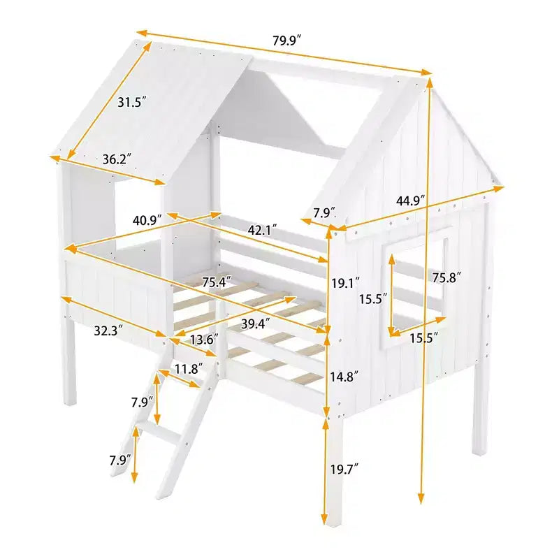 Okak Twin Size Solid Wood House-Shaped Loft Bed with Ladder & Two Side Windows,Modern Bed Frame for Kids Room,Bedroom