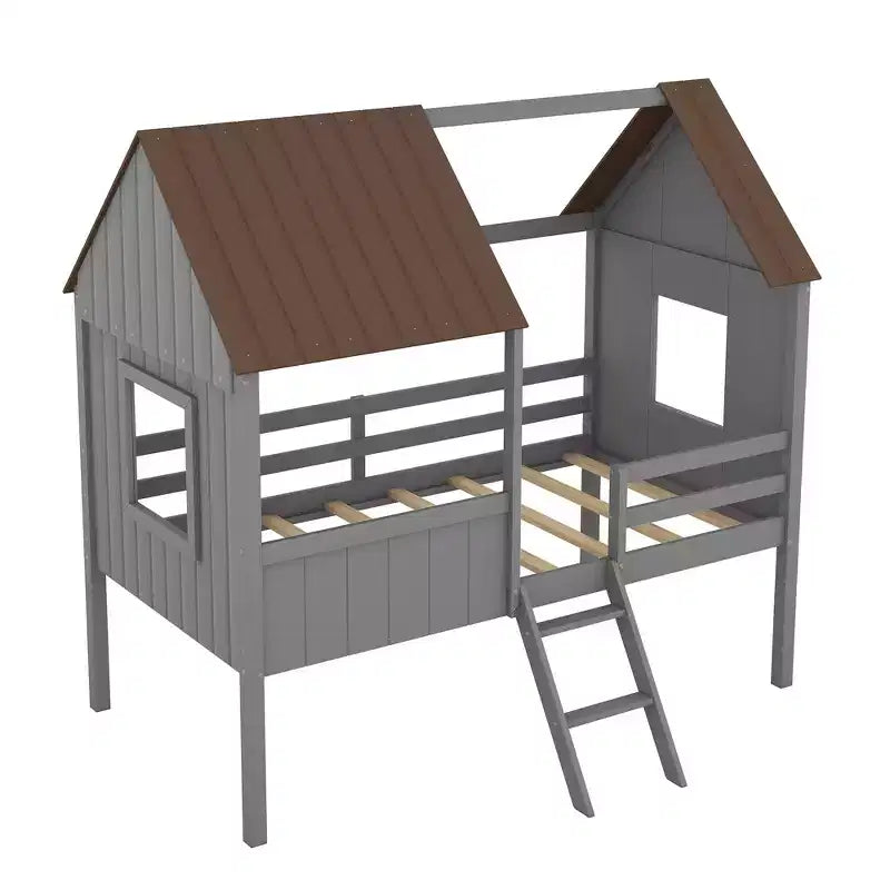 Okak Twin Size Solid Wood House-Shaped Loft Bed with Ladder & Two Side Windows,Modern Bed Frame for Kids Room,Bedroom