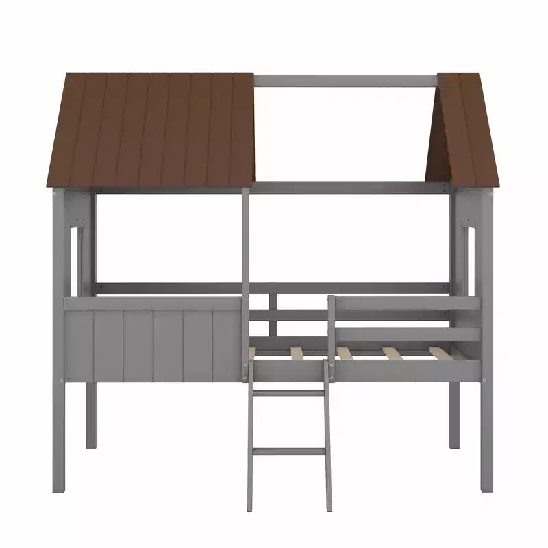 Okak Twin Size Solid Wood House-Shaped Loft Bed with Ladder & Two Side Windows,Modern Bed Frame for Kids Room,Bedroom