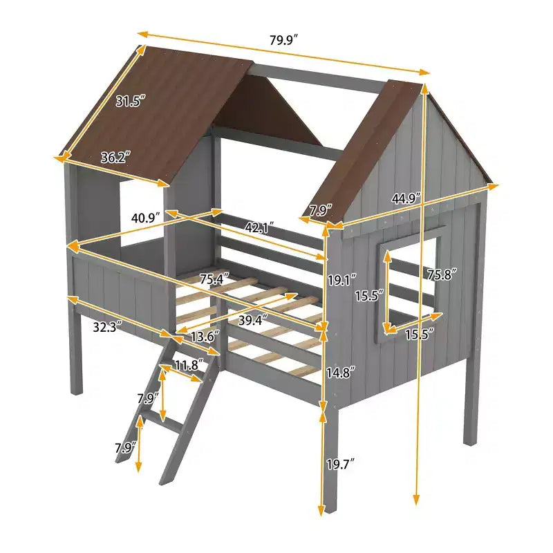 Okak Twin Size Solid Wood House-Shaped Loft Bed with Ladder & Two Side Windows,Modern Bed Frame for Kids Room,Bedroom