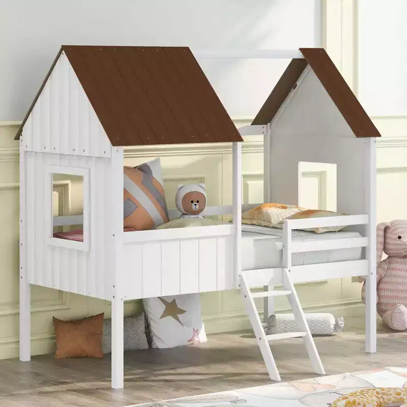 Okak Twin Size Solid Wood House-Shaped Loft Bed with Ladder & Two Side Windows,Modern Bed Frame for Kids Room,Bedroom