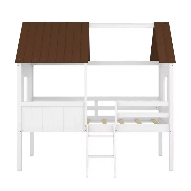 Okak Twin Size Solid Wood House-Shaped Loft Bed with Ladder & Two Side Windows,Modern Bed Frame for Kids Room,Bedroom