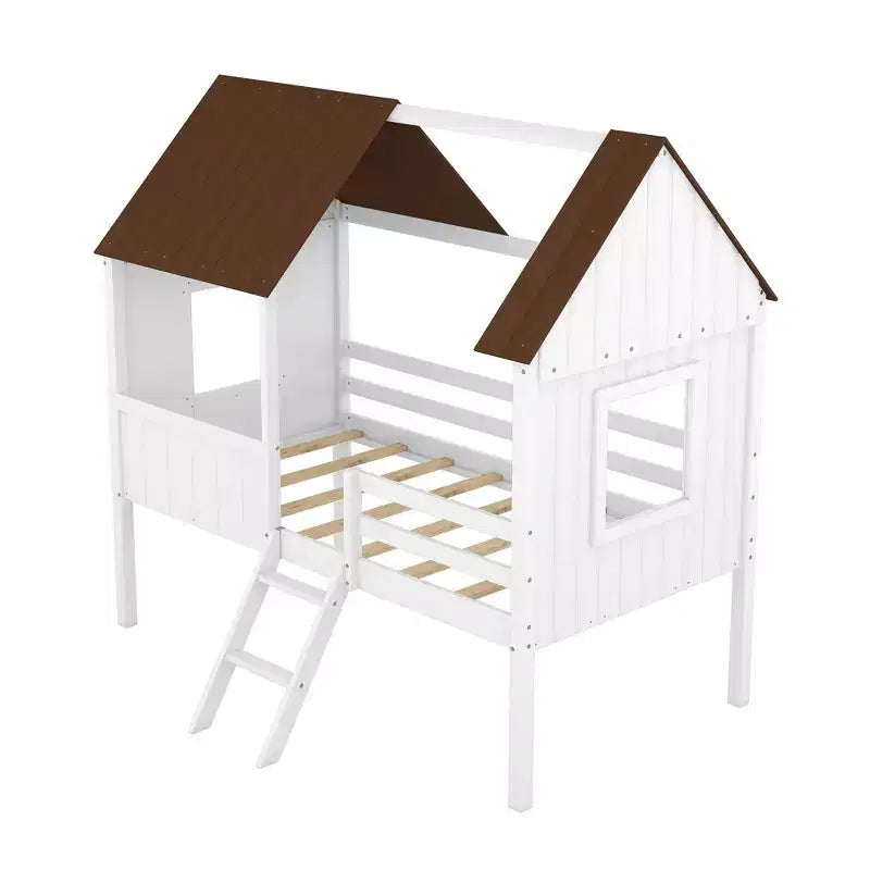 Okak Twin Size Solid Wood House-Shaped Loft Bed with Ladder & Two Side Windows,Modern Bed Frame for Kids Room,Bedroom