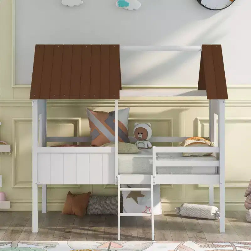 Okak Twin Size Solid Wood House-Shaped Loft Bed with Ladder & Two Side Windows,Modern Bed Frame for Kids Room,Bedroom
