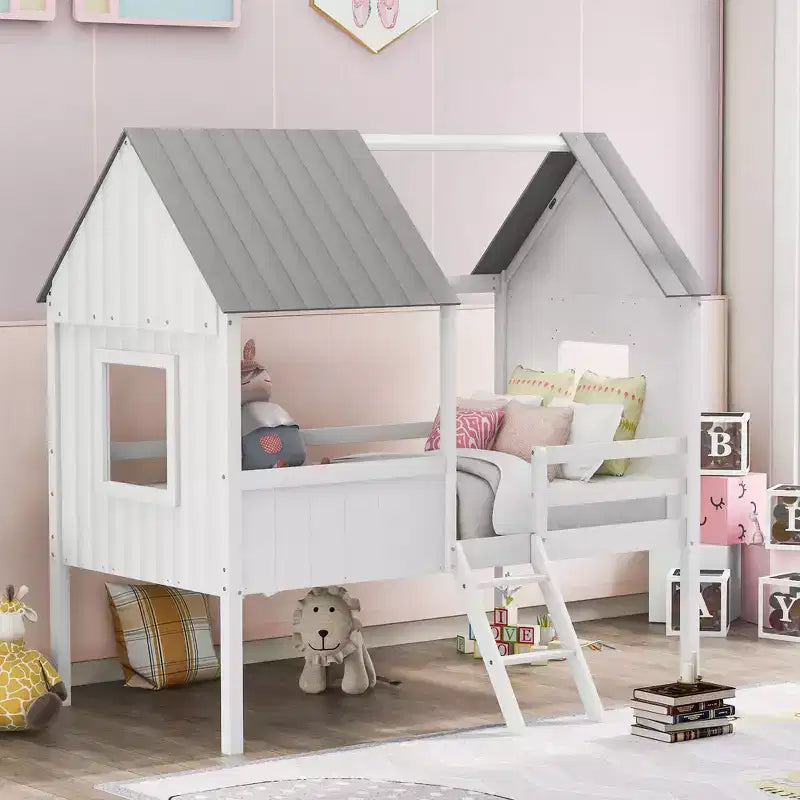 Okak Twin Size Solid Wood House-Shaped Loft Bed with Ladder & Two Side Windows,Modern Bed Frame for Kids Room,Bedroom