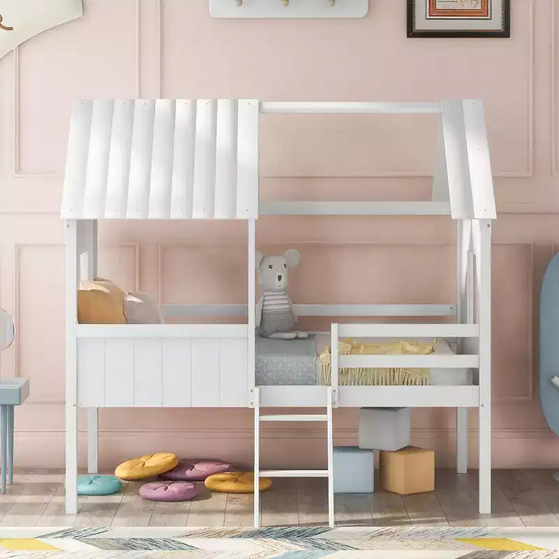 Okak Twin Size Solid Wood House-Shaped Loft Bed with Ladder & Two Side Windows,Modern Bed Frame for Kids Room,Bedroom
