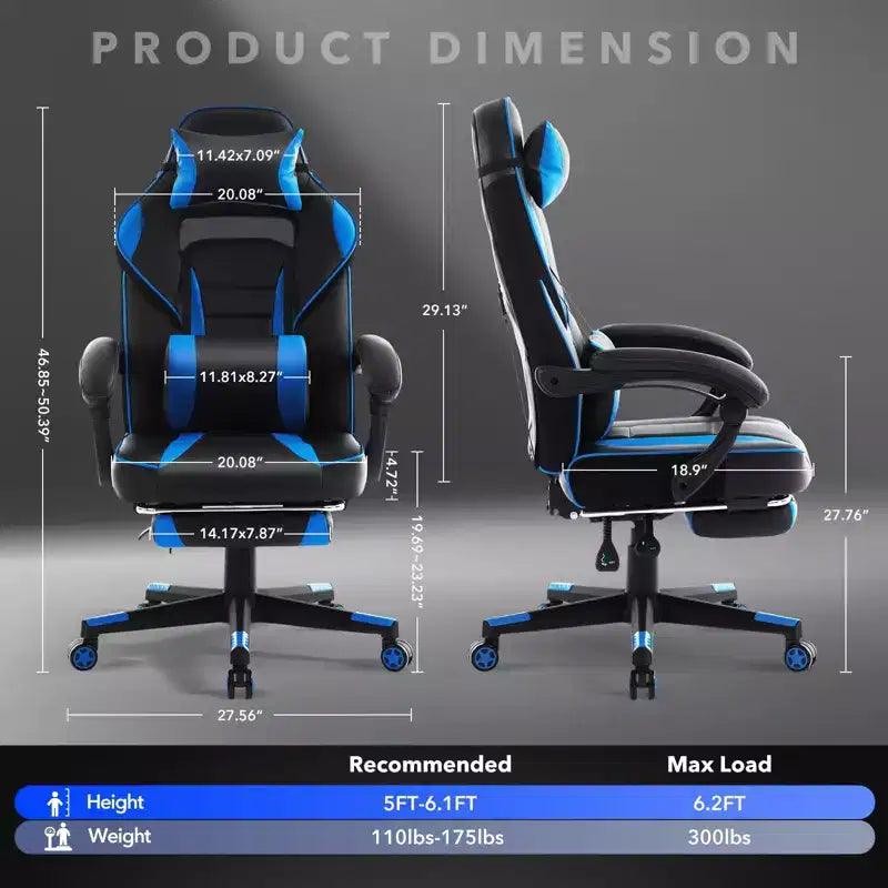 GustoWave Gaming Computer Chair with High Back, Pu Tall Gaming Chairs with Footrest, Reclining Gamer Chair