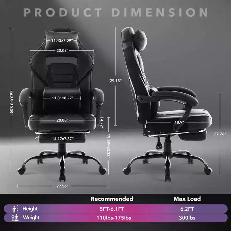GustoWave Gaming Computer Chair with High Back, Pu Tall Gaming Chairs with Footrest, Reclining Gamer Chair