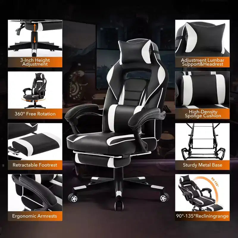 GustoWave Gaming Computer Chair with High Back, Pu Tall Gaming Chairs with Footrest, Reclining Gamer Chair