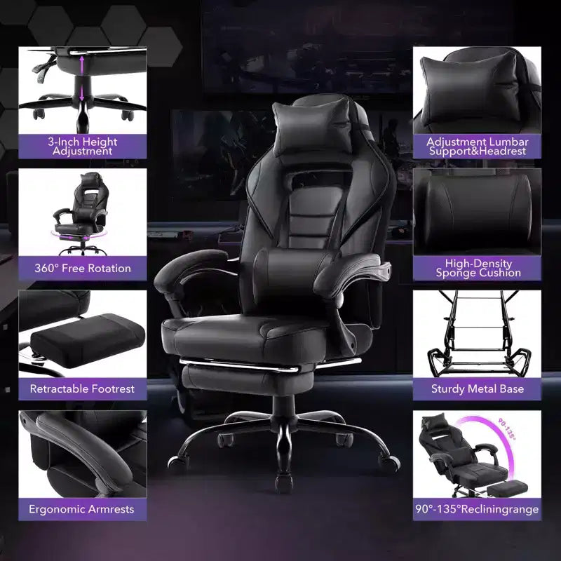 GustoWave Gaming Computer Chair with High Back, Pu Tall Gaming Chairs with Footrest, Reclining Gamer Chair